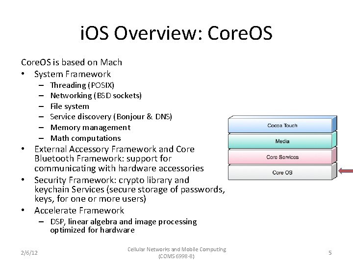 i. OS Overview: Core. OS is based on Mach • System Framework – –