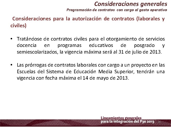 Consideraciones generales Programación de contratos con cargo al gasto operativo Consideraciones para la autorización