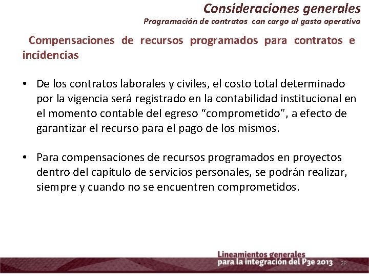 Consideraciones generales Programación de contratos con cargo al gasto operativo Compensaciones de recursos programados