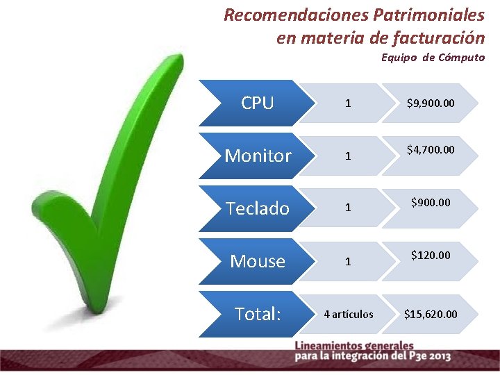 Recomendaciones Patrimoniales en materia de facturación Equipo de Cómputo CPU 1 Monitor 1 Teclado