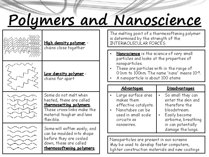Polymers and Nanoscience High density polymer – chains close together The melting point of