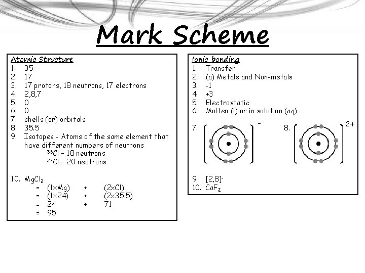 Mark Scheme Atomic Structure 1. 35 2. 17 3. 17 protons, 18 neutrons, 17