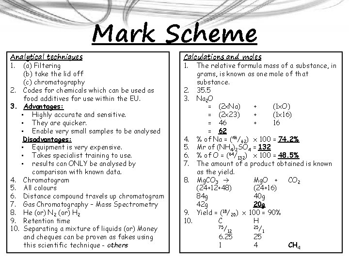 Mark Scheme Analytical techniques 1. (a) Filtering (b) take the lid off (c) chromatography