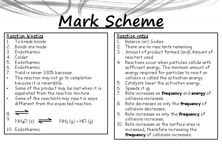 Mark Scheme Reaction kinetics 1. To break bonds 2. Bonds are made 3. Endothermic
