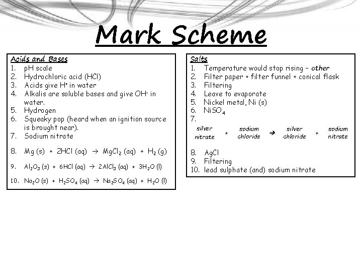 Mark Scheme Acids and Bases 1. p. H scale 2. Hydrochloric acid (HCl) 3.
