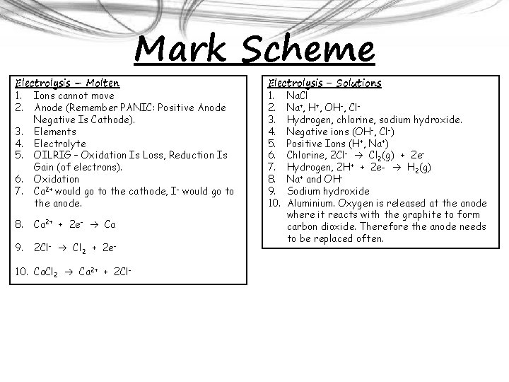Mark Scheme Electrolysis – Molten 1. Ions cannot move 2. Anode (Remember PANIC: Positive