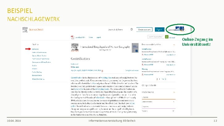 BEISPIEL NACHSCHLAGEWERK Online-Zugang im Universitätsnetz 10. 04. 2019 Informationsveranstaltung Bibliothek 12 