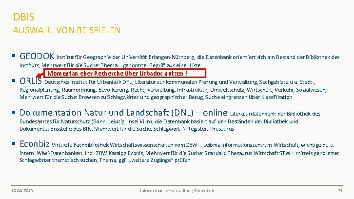 DBIS AUSWAHL VON BEISPIELEN § GEODOK Institut für Geographie der Universität Erlangen-Nürnberg, die Datenbank