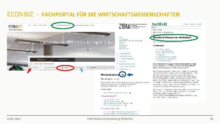 ECONBIZ - FACHPORTAL FÜR DIE WIRTSCHAFTSWISSENSCHAFTEN Suchfeld 10. 04. 2019 Informationsveranstaltung Bibliothek 28 