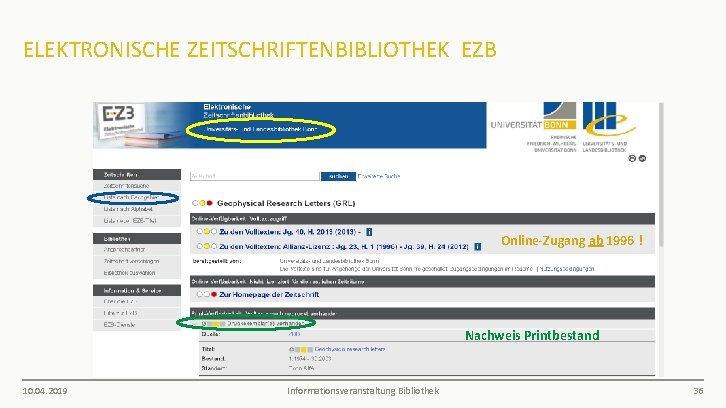 ELEKTRONISCHE ZEITSCHRIFTENBIBLIOTHEK EZB Online-Zugang ab 1996 ! Nachweis Printbestand 10. 04. 2019 Informationsveranstaltung Bibliothek