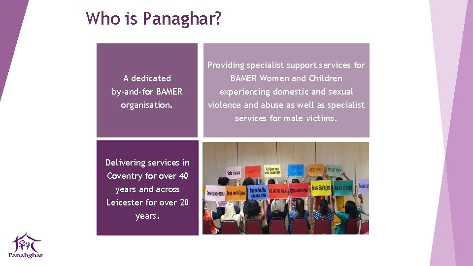 Who is Panaghar? A dedicated by-and-for BAMER organisation. Delivering services in Coventry for over