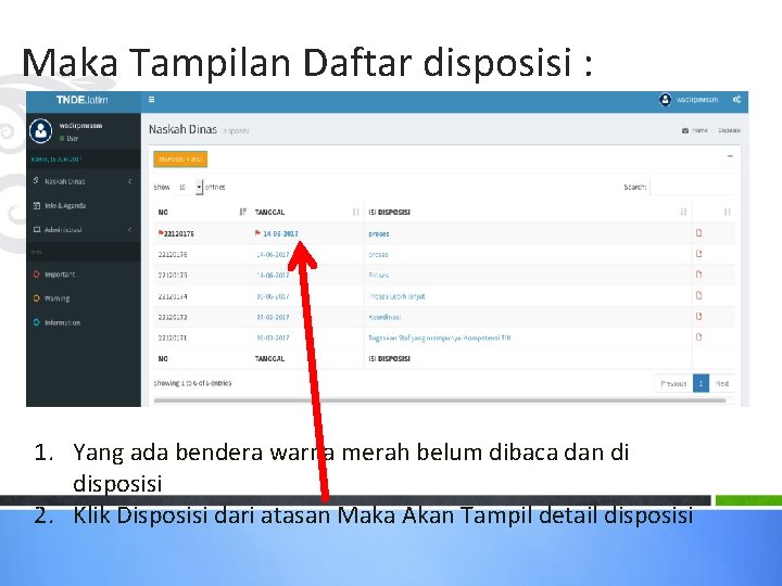 Maka Tampilan Daftar disposisi : 1. Yang ada bendera warna merah belum dibaca dan