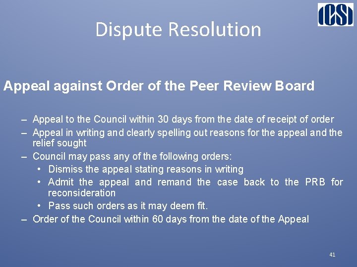Dispute Resolution Appeal against Order of the Peer Review Board – Appeal to the