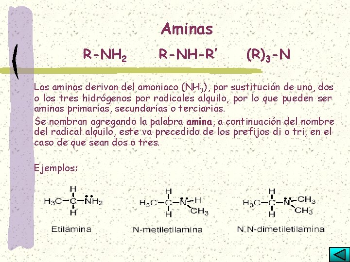 Aminas R-NH 2 R-NH-R’ (R)3 -N Las aminas derivan del amoniaco (NH 3), por