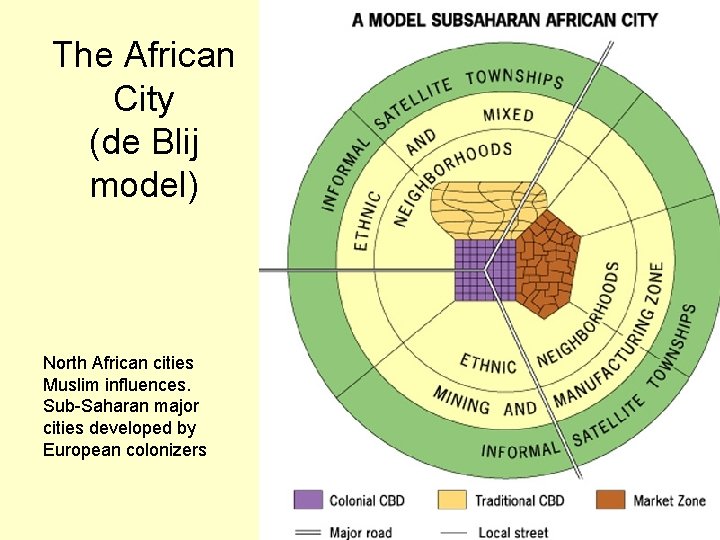 The African City (de Blij model) North African cities Muslim influences. Sub-Saharan major cities