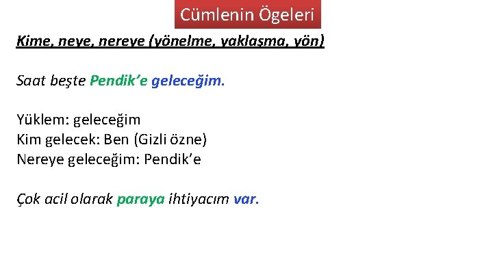 Cümlenin Ögeleri Kime, neye, nereye (yönelme, yaklaşma, yön) Saat beşte Pendik’e geleceğim. Yüklem: geleceğim