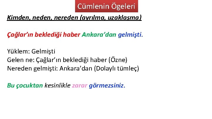 Cümlenin Ögeleri Kimden, nereden (ayrılma, uzaklaşma) Çağlar’ın beklediği haber Ankara’dan gelmişti. Yüklem: Gelmişti Gelen