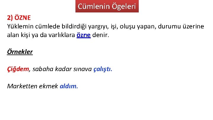 Cümlenin Ögeleri 2) ÖZNE Yüklemin cümlede bildirdiği yargıyı, işi, oluşu yapan, durumu üzerine alan