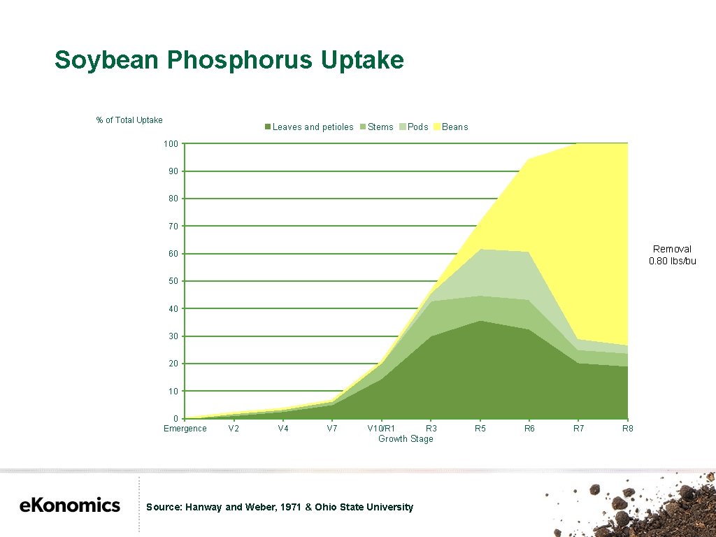 Soybean Phosphorus Uptake % of Total Uptake Leaves and petioles Stems Pods Beans 100