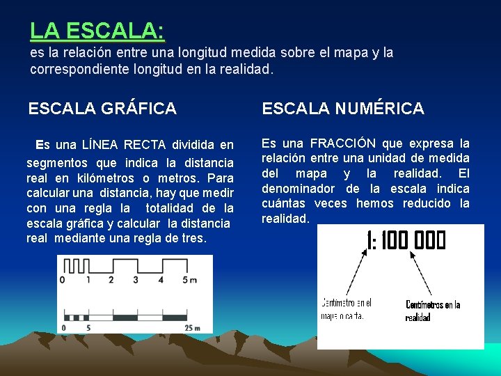 LA ESCALA: es la relación entre una longitud medida sobre el mapa y la