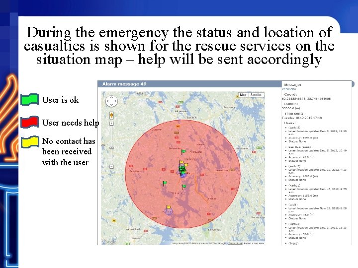 During the emergency the status and location of casualties is shown for the rescue
