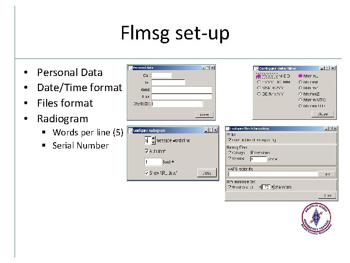 Flmsg set-up • • Personal Data Date/Time format Files format Radiogram § Words per