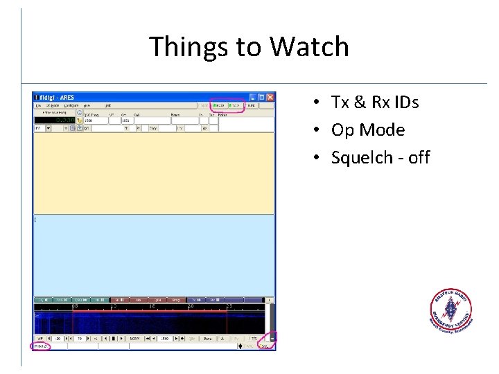 Things to Watch • Tx & Rx IDs • Op Mode • Squelch -