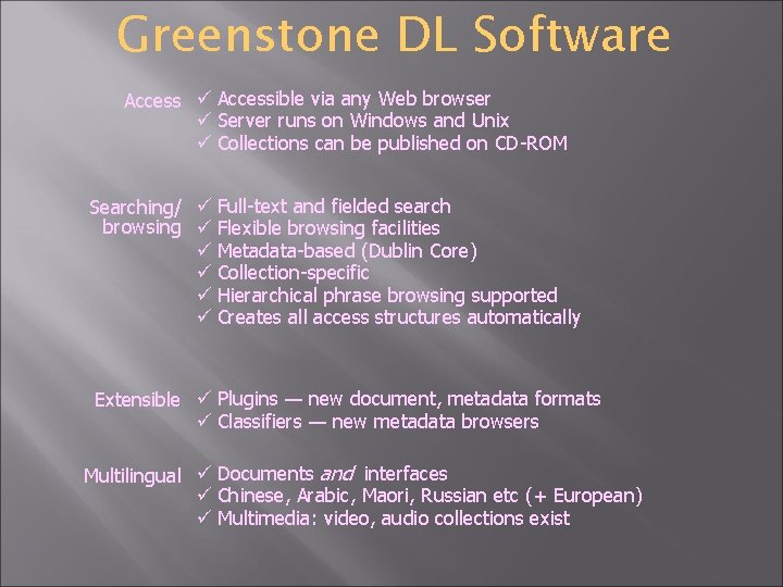 Greenstone DL Software Access ü Accessible via any Web browser ü Server runs on