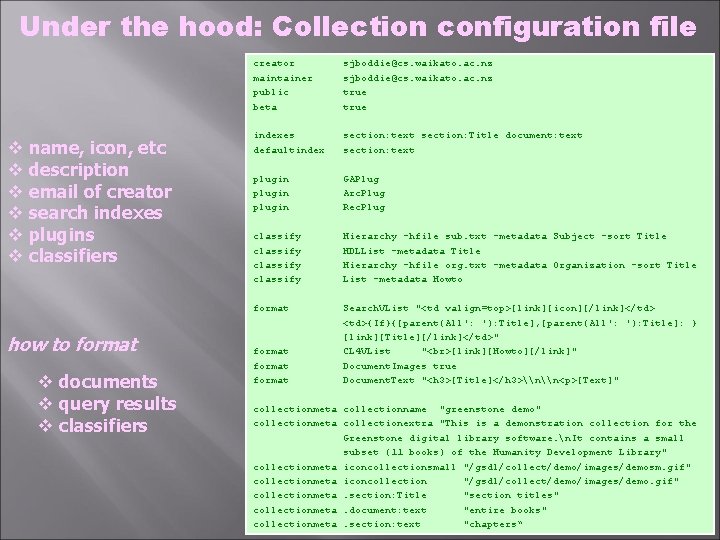 Under the hood: Collection configuration file v name, icon, etc v description v email