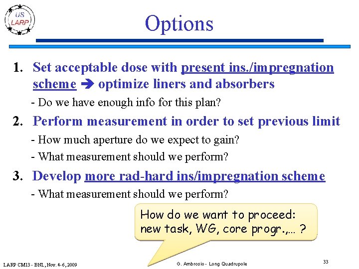 Options 1. Set acceptable dose with present ins. /impregnation scheme optimize liners and absorbers