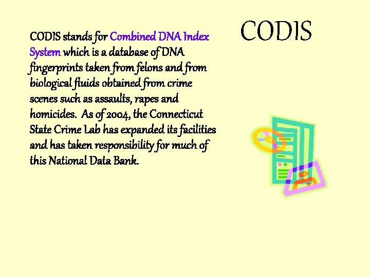 CODIS stands for Combined DNA Index System which is a database of DNA fingerprints