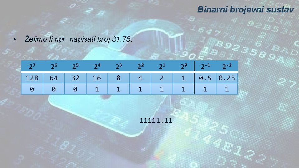 Binarni brojevni sustav • Želimo li npr. napisati broj 31. 75: 27 128 0