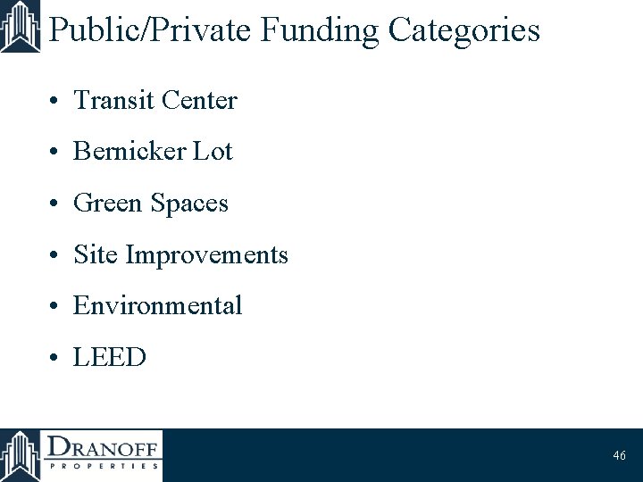 Public/Private Funding Categories • Transit Center • Bernicker Lot • Green Spaces • Site
