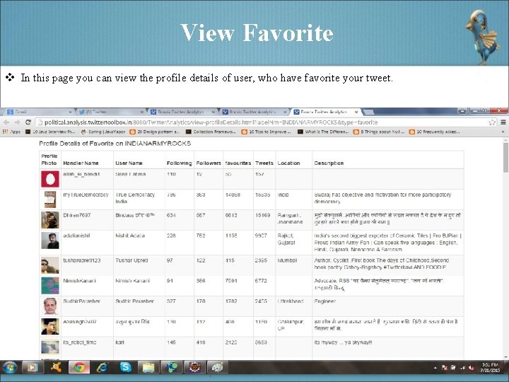 View Favorite v In this page you can view the profile details of user,