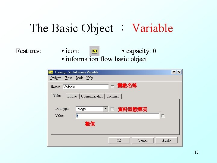 The Basic Object ： Variable Features: • icon: • capacity: 0 • information flow