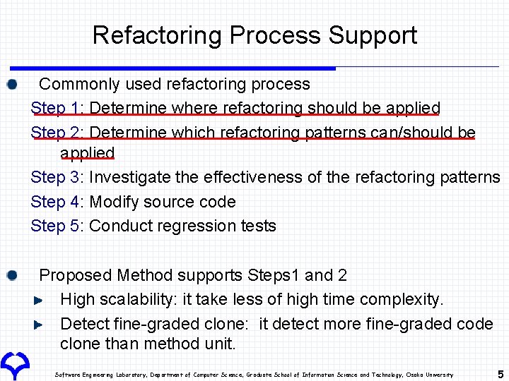 Refactoring Process Support Commonly used refactoring process Step 1: Determine where refactoring should be