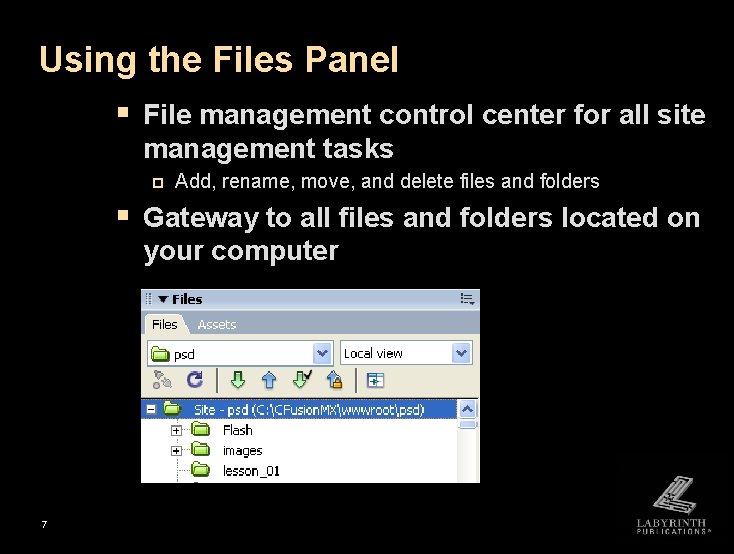 Using the Files Panel § File management control center for all site management tasks