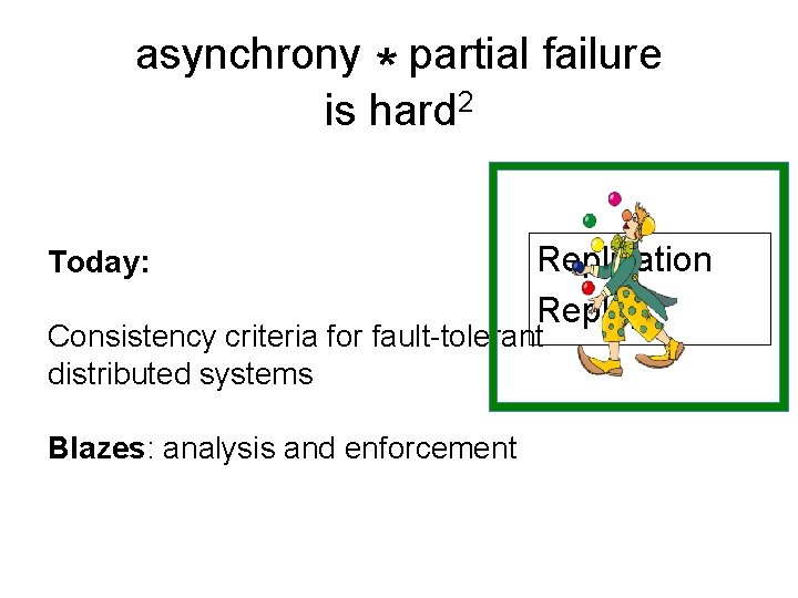 asynchrony * partial failure is hard 2 Today: Replication Replay Consistency criteria for fault-tolerant