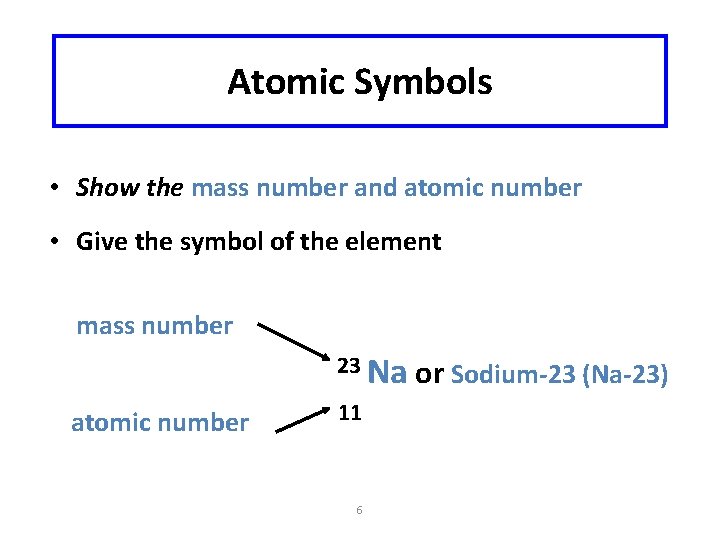 Atomic Symbols • Show the mass number and atomic number • Give the symbol Atomic Symbols • Show the mass number and atomic number • Give the symbol
