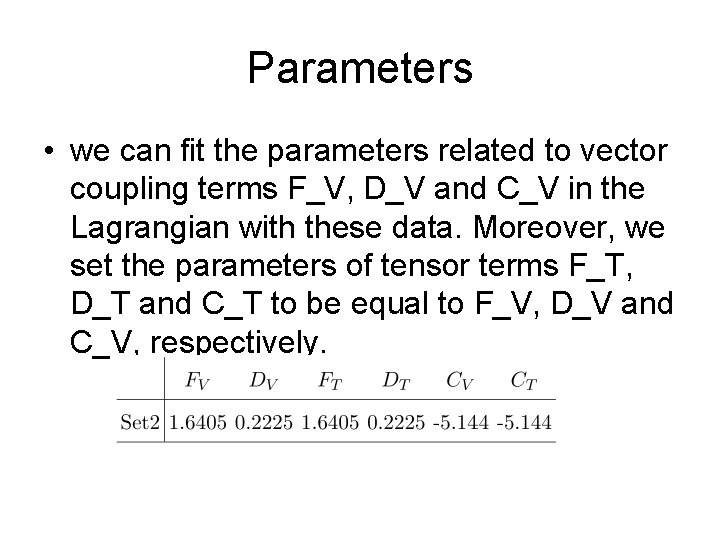 Parameters • we can fit the parameters related to vector coupling terms F_V, D_V