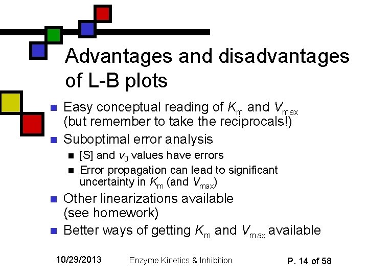 Advantages and disadvantages of L-B plots n n Easy conceptual reading of Km and