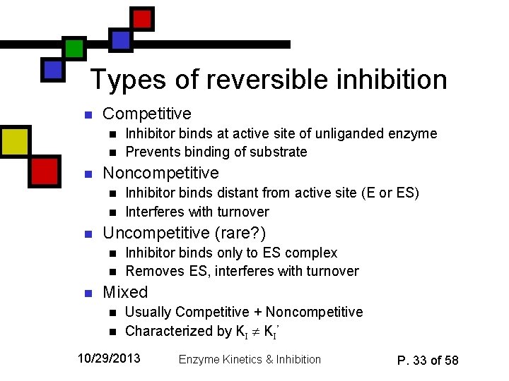 Types of reversible inhibition n Competitive n n n Noncompetitive n n n Inhibitor