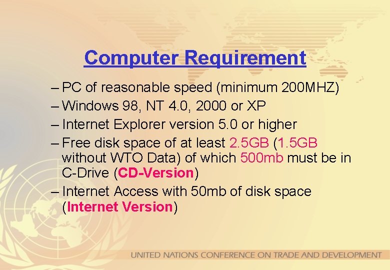 Computer Requirement – PC of reasonable speed (minimum 200 MHZ) – Windows 98, NT