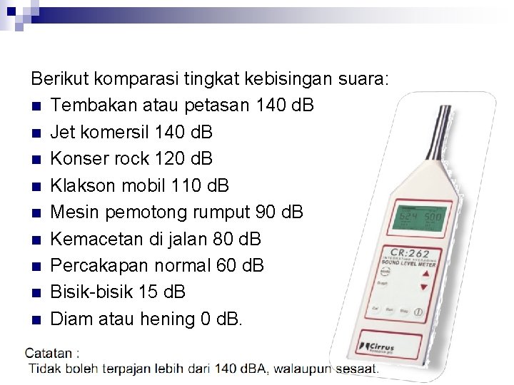 Berikut komparasi tingkat kebisingan suara: n Tembakan atau petasan 140 d. B n Jet