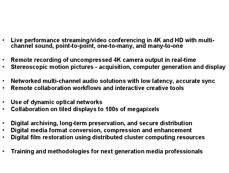 Cine. Grid Members’ Research • Live performance streaming/video conferencing in 4 K and HD
