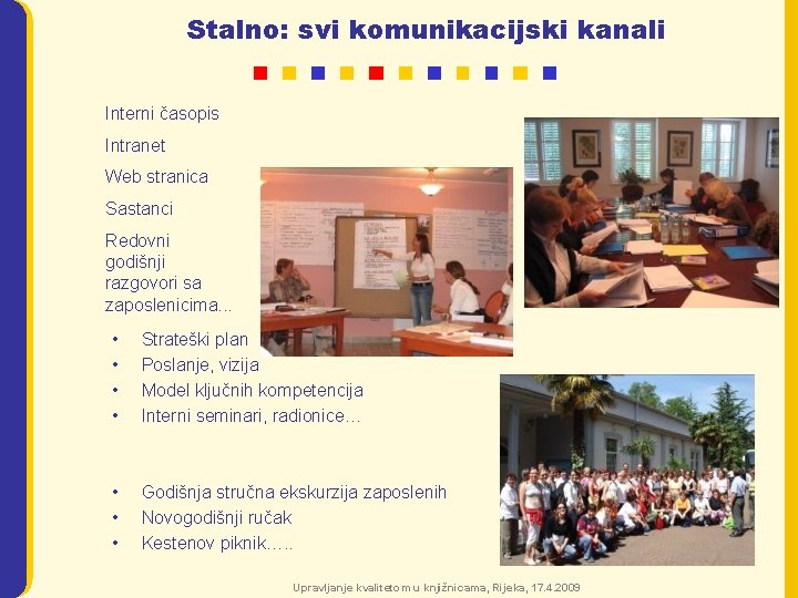 Stalno: svi komunikacijski kanali Interni časopis Intranet Web stranica Sastanci Redovni godišnji razgovori sa