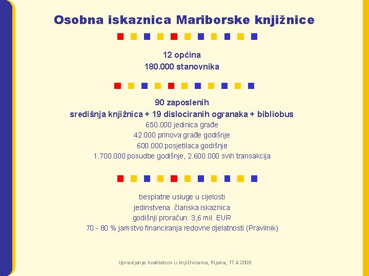 Osobna iskaznica Mariborske knjižnice 12 općina 180. 000 stanovnika 90 zaposlenih središnja knjižnica +