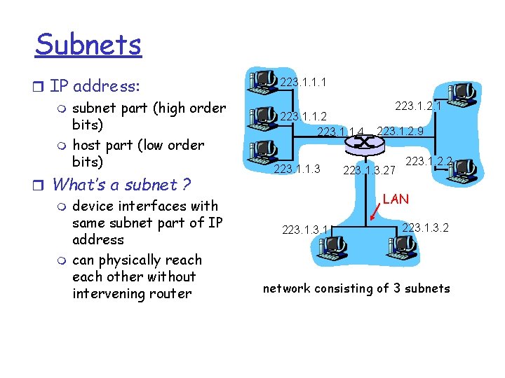 Subnets r IP address: m subnet part (high order bits) m host part (low