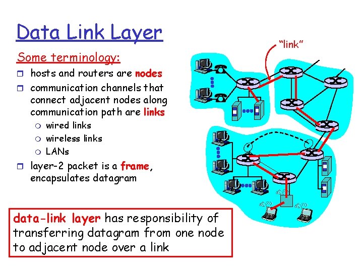 Data Link Layer Some terminology: r hosts and routers are nodes r communication channels