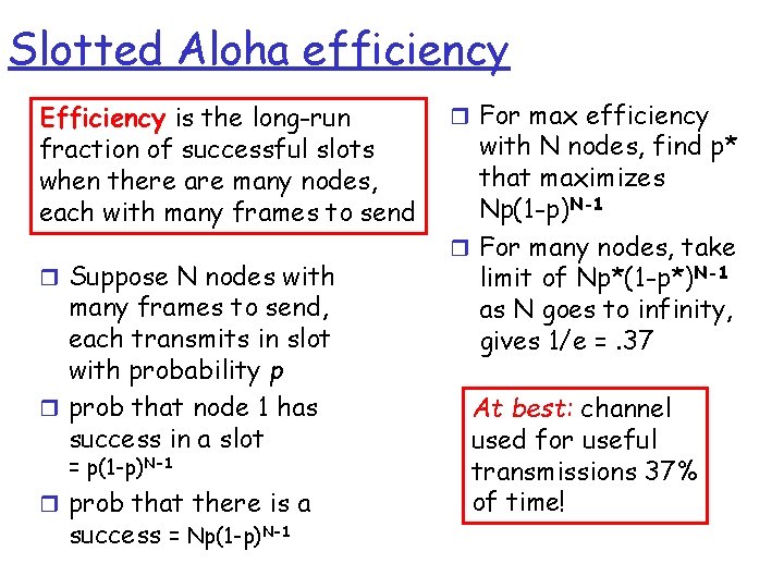 Slotted Aloha efficiency Efficiency is the long-run fraction of successful slots when there are